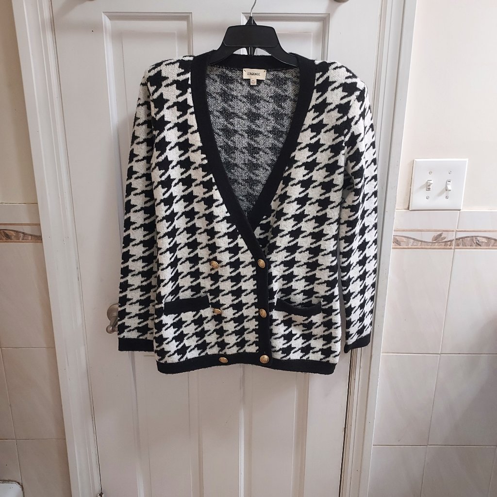 L'agence Black White Maddy Double Breasted Houndstooth Wool Cardigan